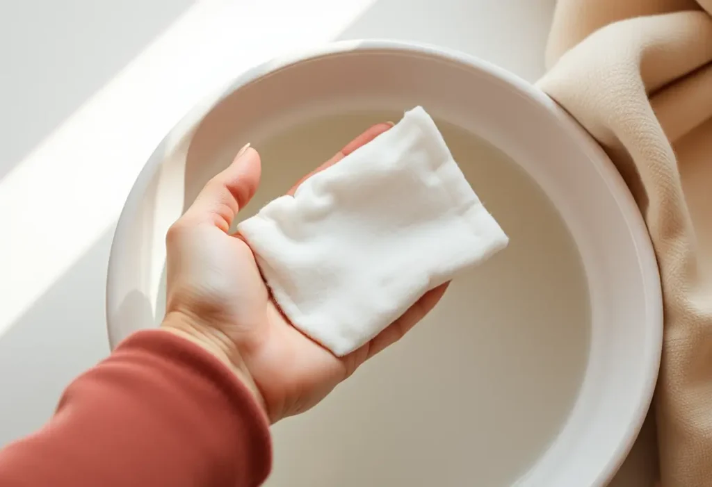 Une main féminine tenant un gant en coton posé sur un bol blanc rempli d'eau tiède