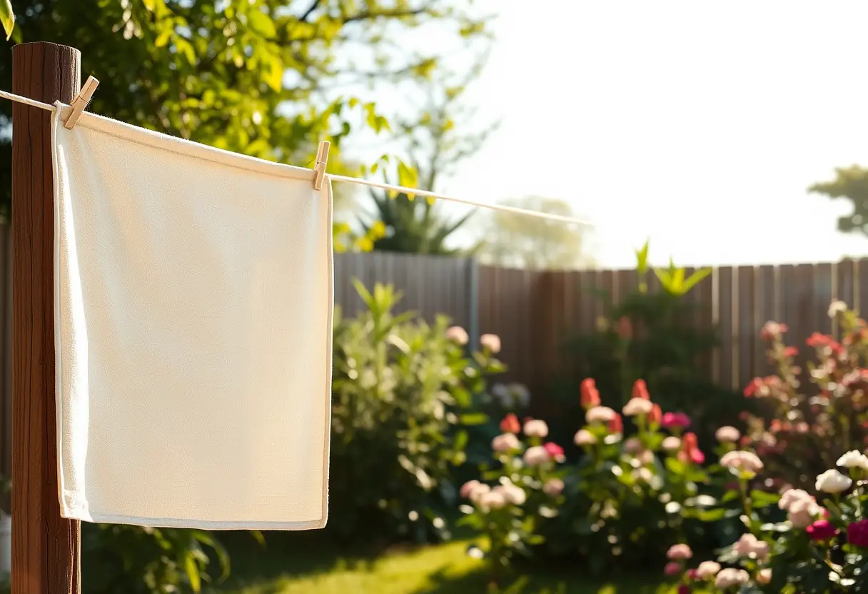 Une serviette accrochée à une corde à linge en bois dans un jardin ensoleillé