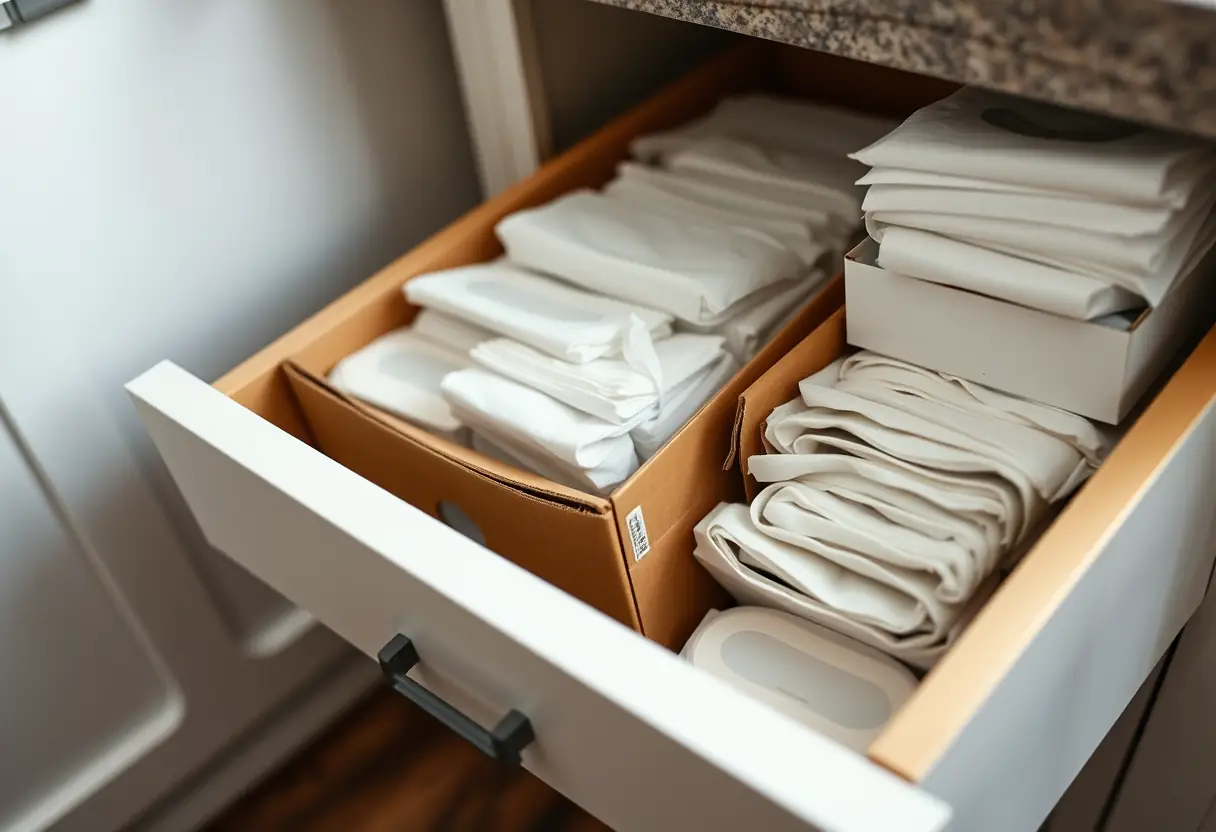 Main: un tiroir de cuisine ouvert révélant divers paquets de serviettes hygiéniques