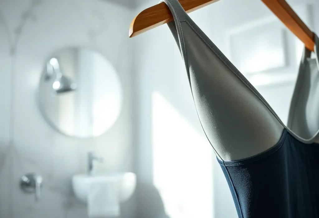 Vêtement de soutien accroché sur un porte-manteau en bois dans une salle de bain sereine