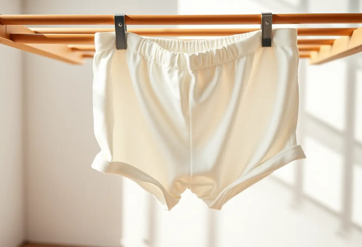 Shorty post-partum en coton respirant sur une corde à linge naturelle