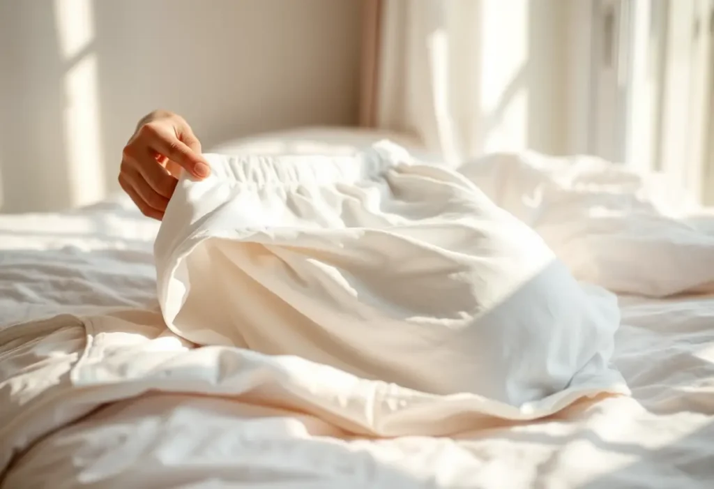 Main: Une main féminine plie délicatement un shorty post-partum en coton blanc dans une chambre baignée de lumière naturelle.