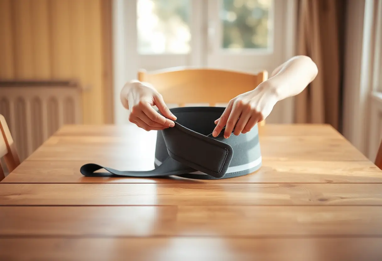 Accessoire: Des mains ajustent soigneusement une ceinture maternité sur une table de cuisine en bois, éclairée par une lumière tamisée.