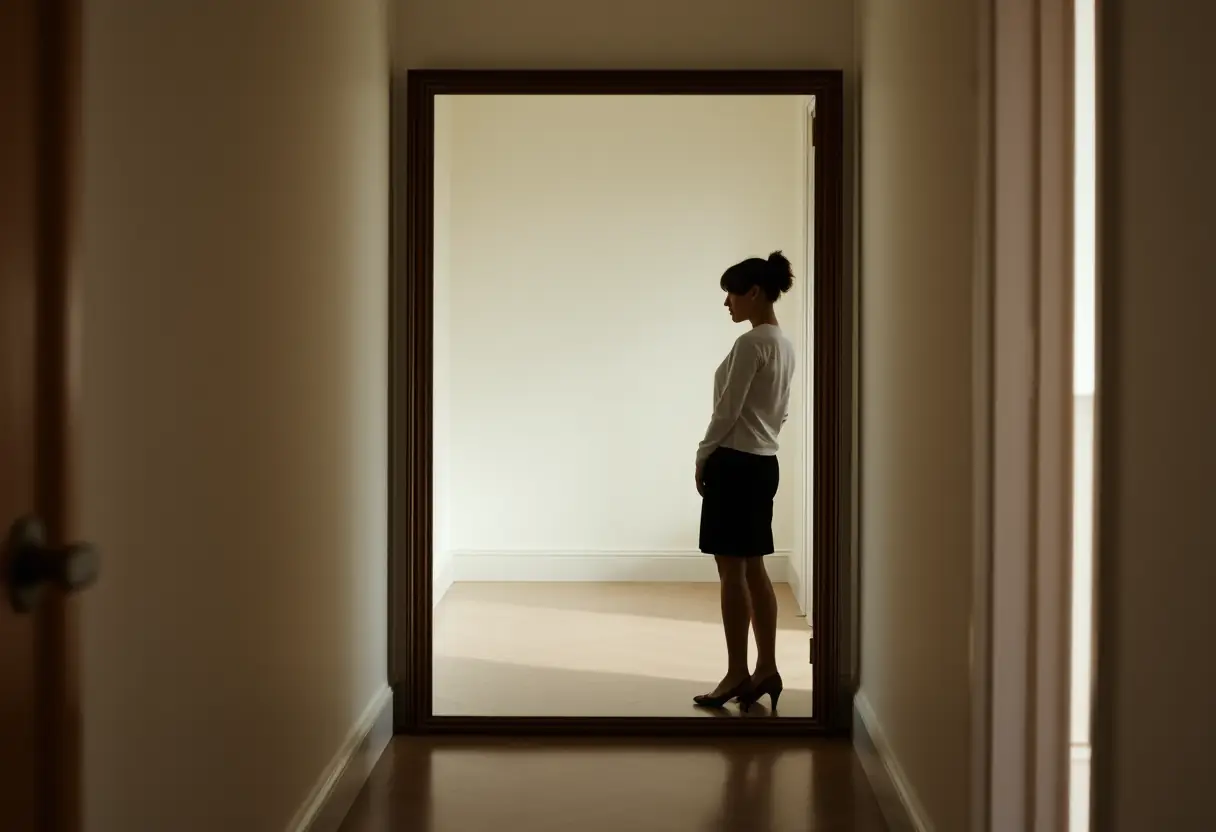 Silhouette féminine se regardant dans un miroir dans un couloir bien éclairé