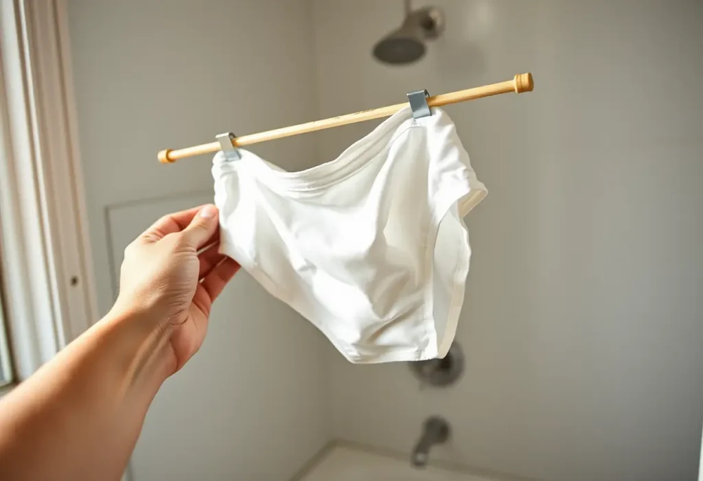 Une main tient un repose-soie en bambou dans une salle de bains bien éclairée, où repose une culotte menstruelle en coton doux.