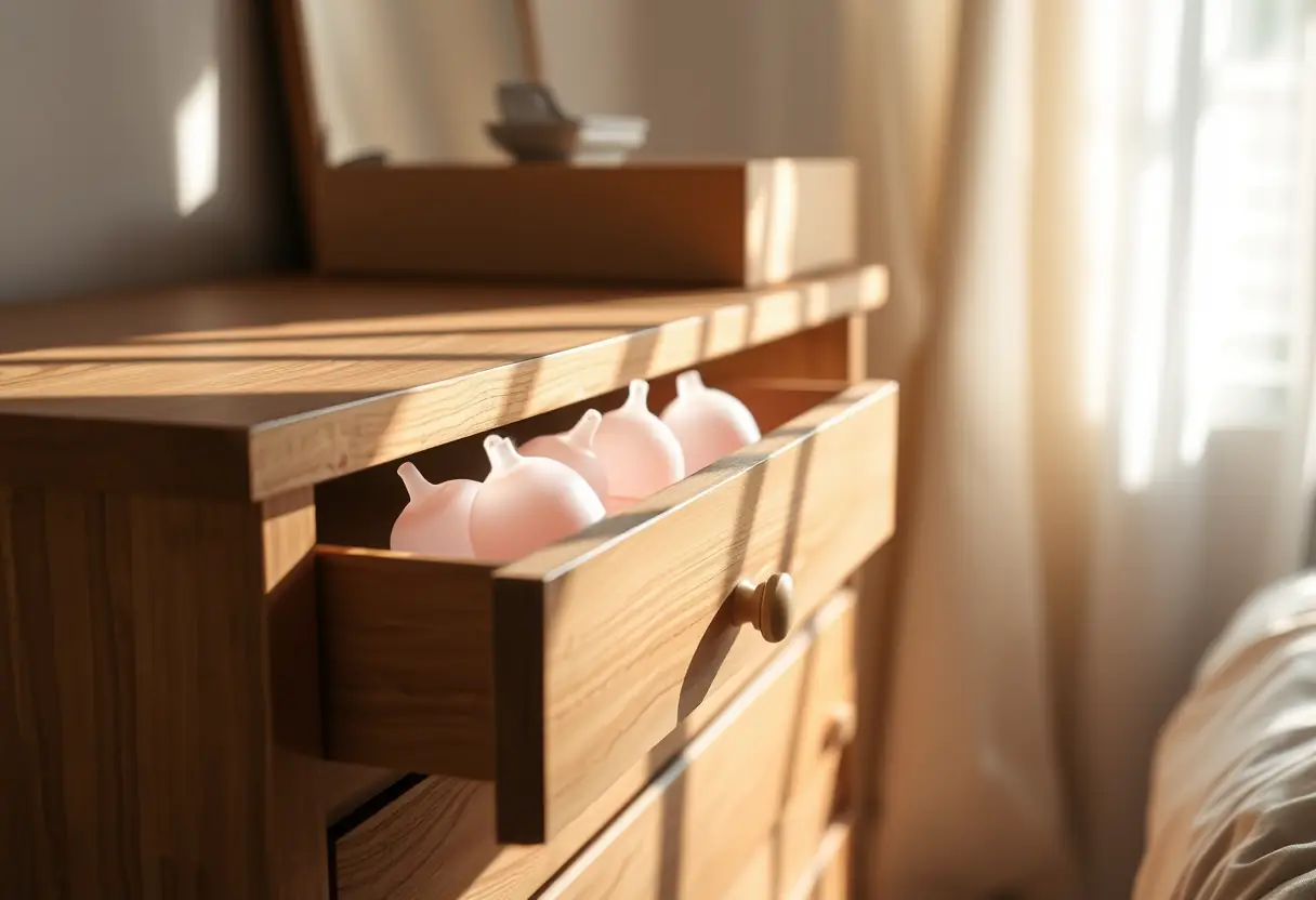 Un tiroir d'une commode dans une chambre accueillante, contenant des coupes menstruelles en silicone soigneusement pliées.