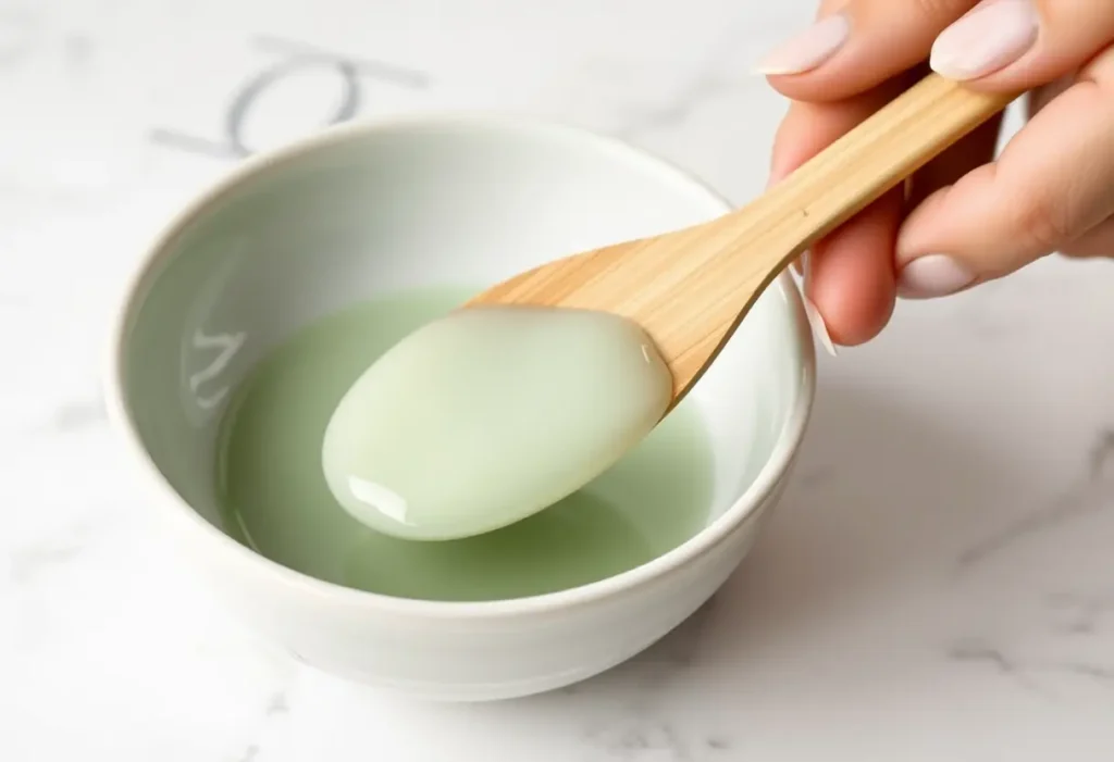 Une main verse une masque jade d'un bol en porcelaine blanche, soulignant l'importance du rituel de soins de la peau.