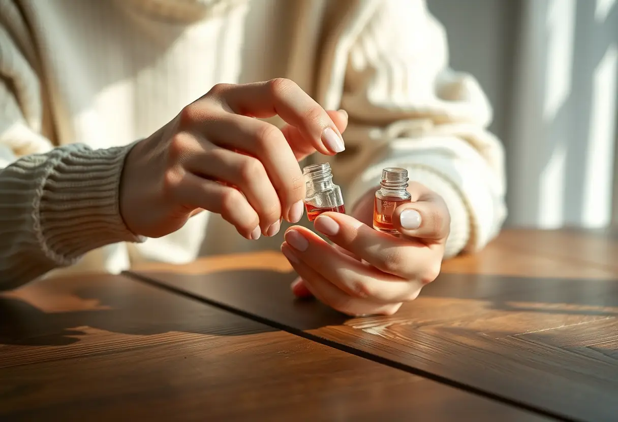 Main de femme appliquant de l'essence sur son visage