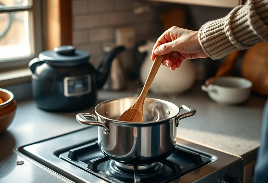 Une main féminine tenant une cuillère en bois au-dessus d'une marmite dans une cuisine accueillante, en lien avec l'harmonie du corps et des habitudes alimentaires.