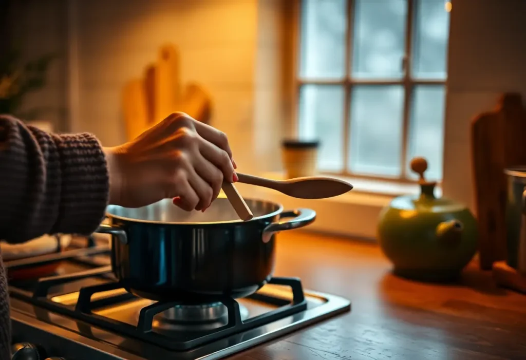 Une main féminine tient une cuillère en bois dans une cuisine accueillante