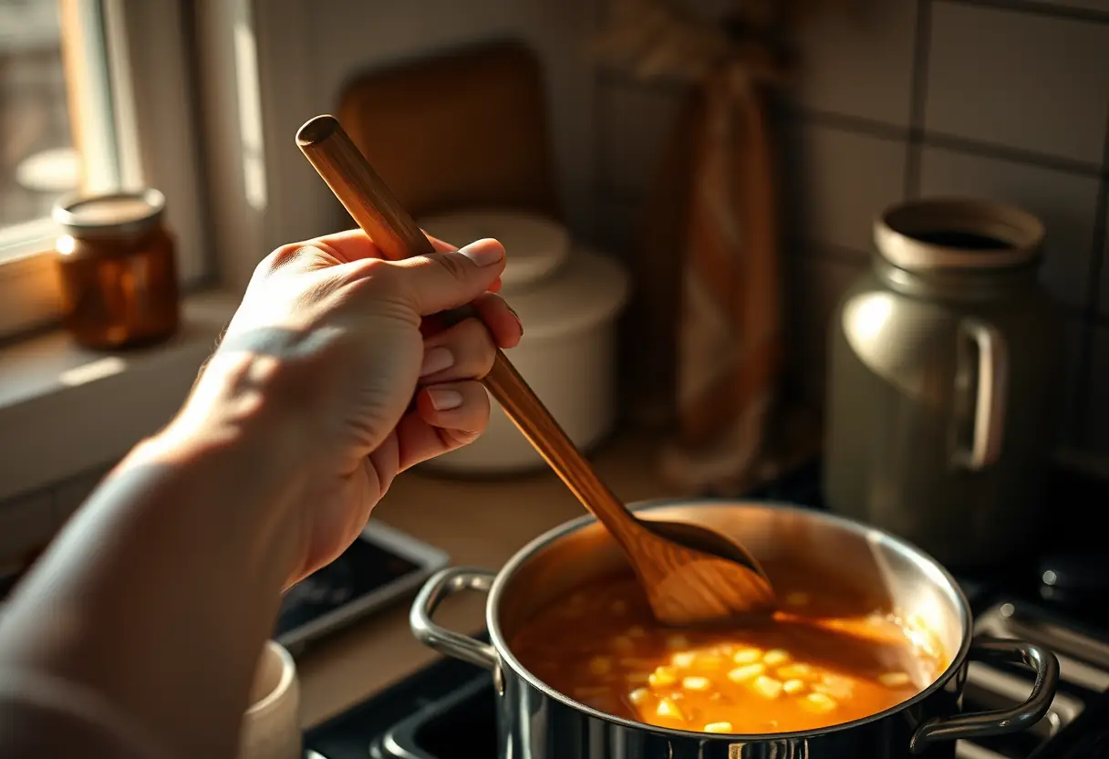 Une main féminine tenant une cuillère en bois au-dessus d'une marmite mijotant dans une cuisine accueillante, lumière naturelle chaleureuse