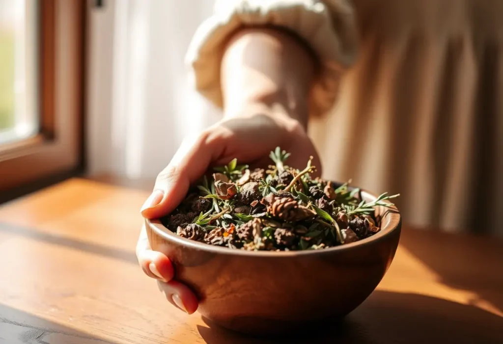 Une main féminine tient un bol en bois rempli d'herbes sèches, lumière naturelle