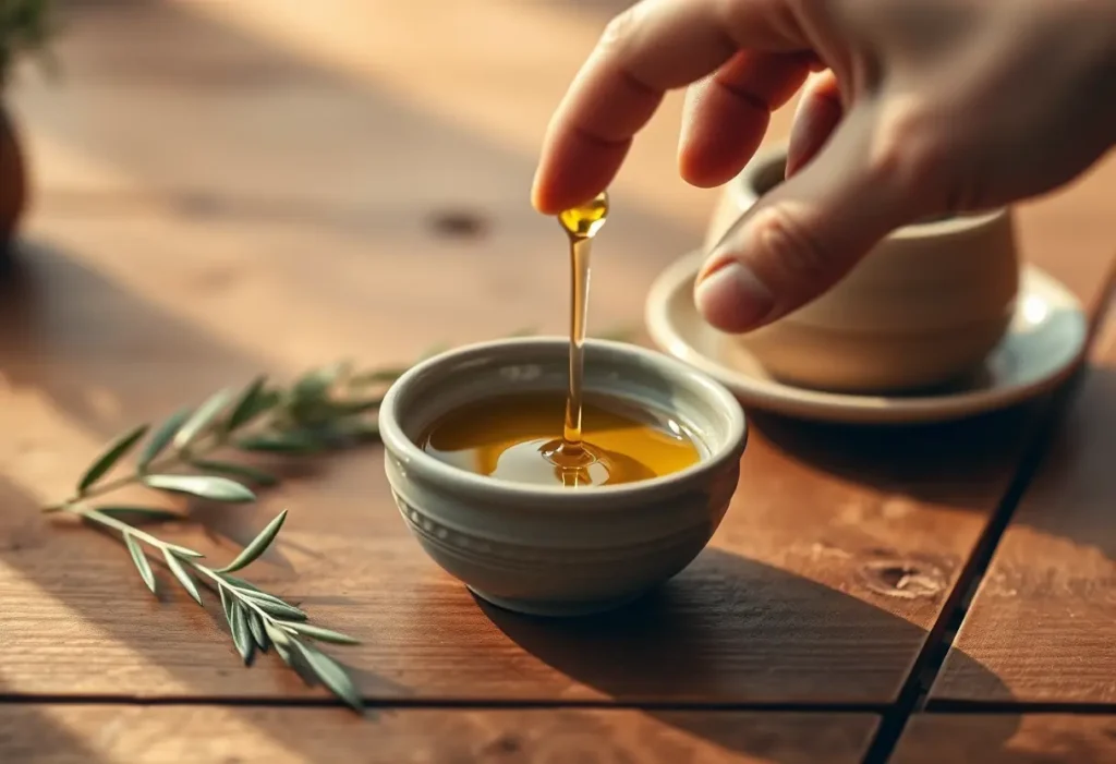 Une main verse de l'huile d'olive dans un bol en céramique sur une table en bois, éclairage naturel, soin du périnée