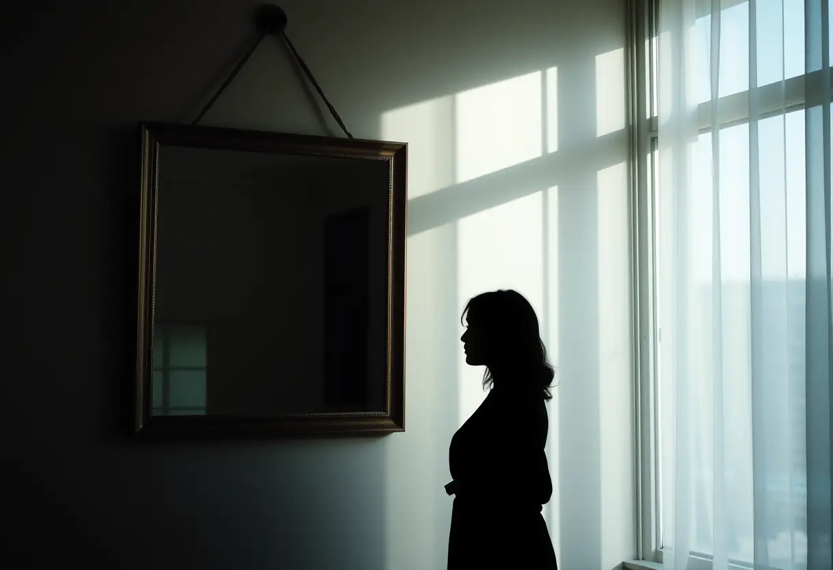 La silhouette d'une femme près d'une fenêtre, sa réflexion dans un grand miroir, lumière naturelle, soin du périnée