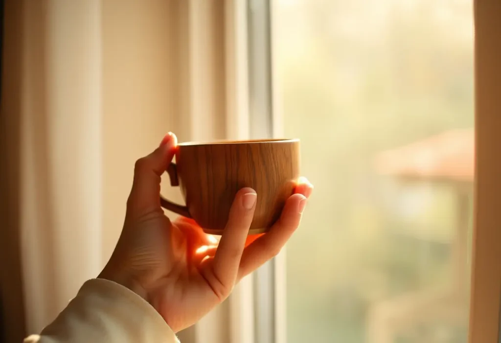 Une main féminine tenant une tasse en bois, évoquant sérénité et bien-être