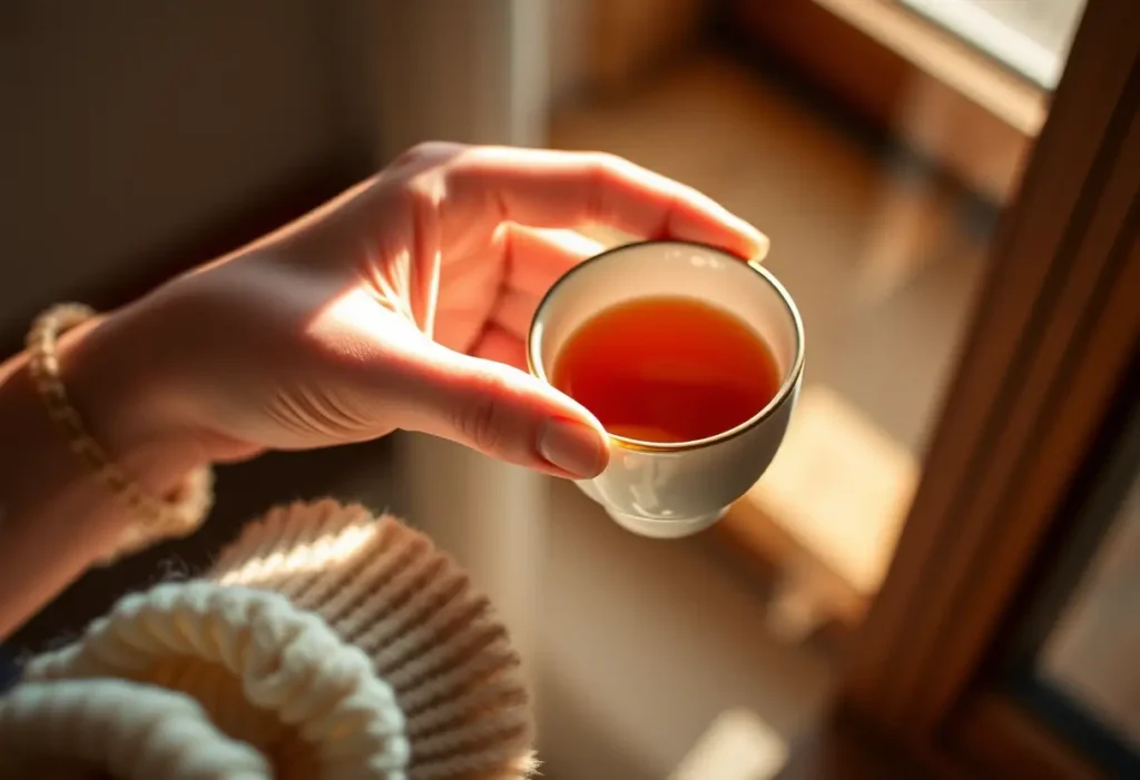 Une main féminine tenant délicatement une tasse en porcelaine