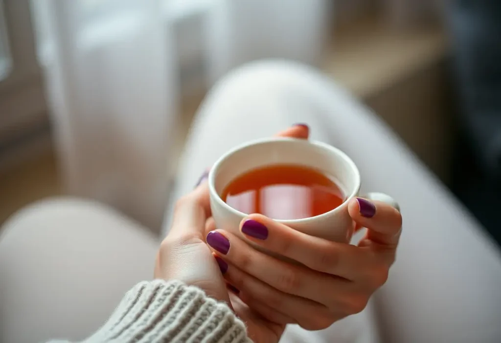 Une main féminine tenant une tasse de thé chaud, symbolisant la sérénité et la confiance en soi.