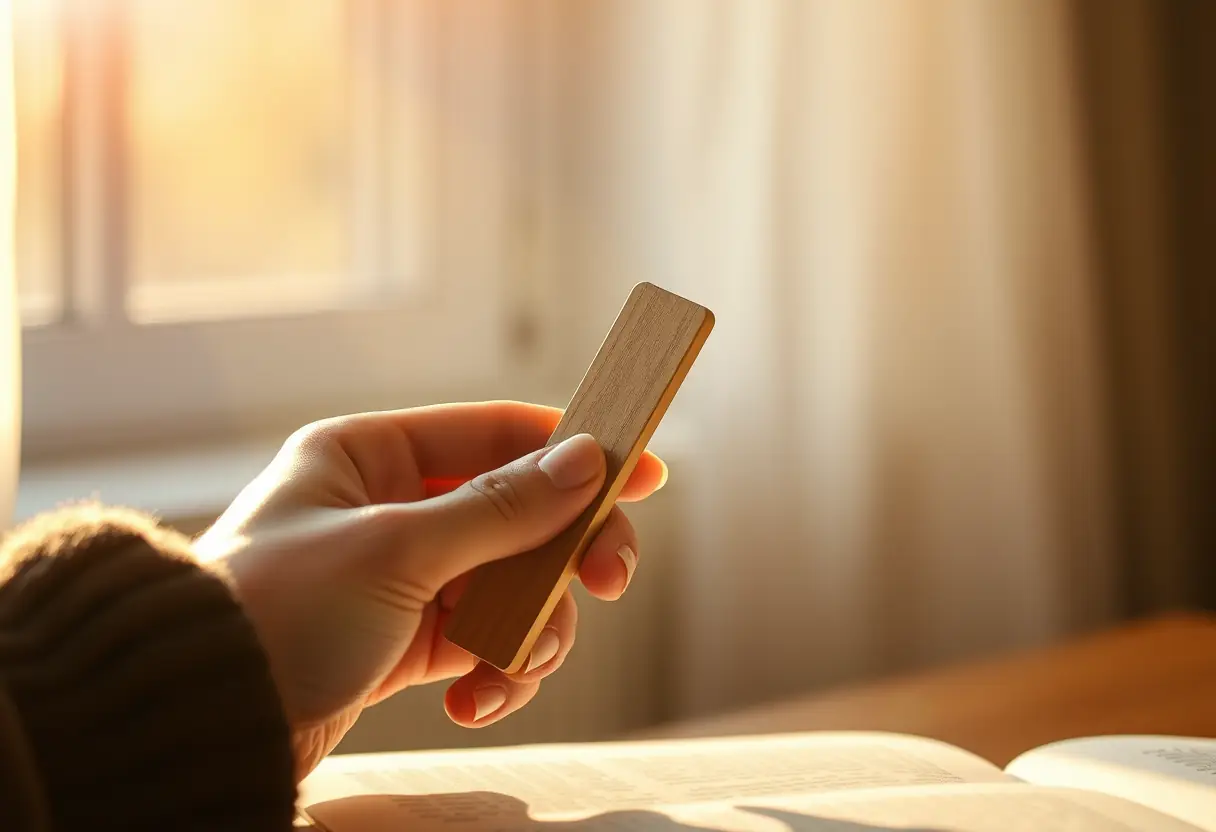 Une main tenant un marque-page en bois, chaleureux et apaisant