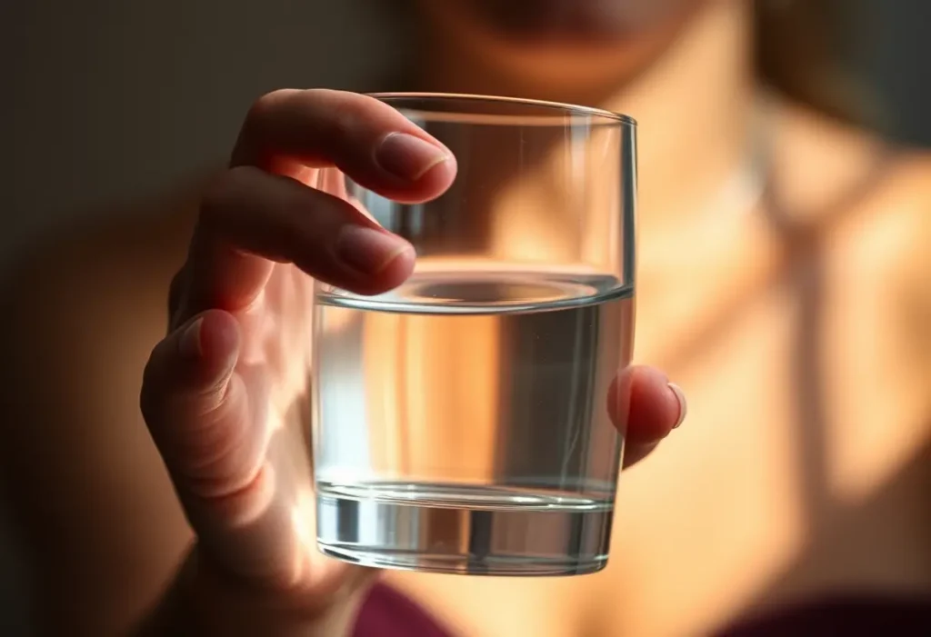 Une main tenant un verre d'eau avec des médicaments