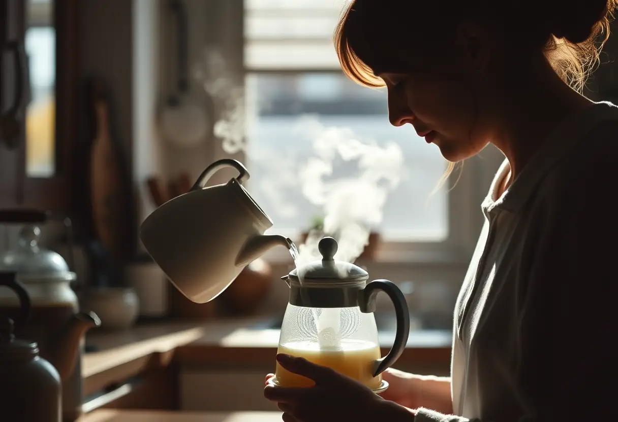Une femme verse de l’eau chaude dans une bouilloire en porcelaine dans une cuisine accueillante