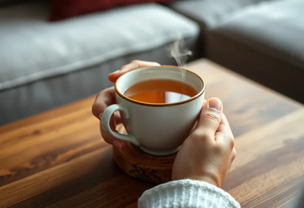 Des mains tenant une tasse de thé chaud sur une soucoupe en bois dans un salon