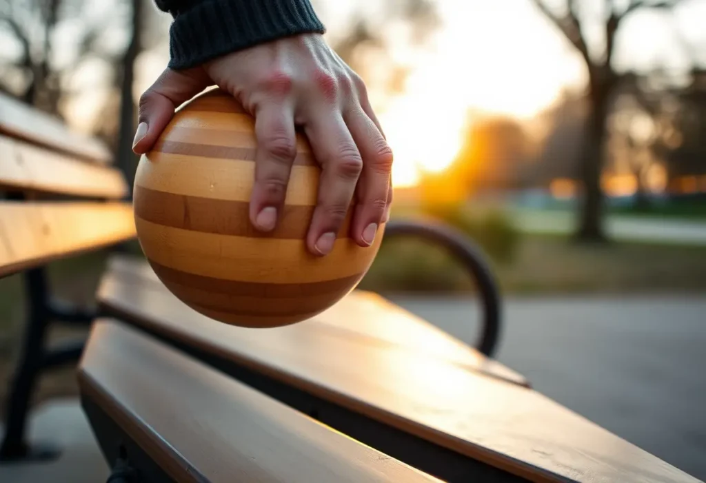 Main de homme tenant une balle d'exercice en bois dans un parc au crépuscule, favorisant la santé du périnée