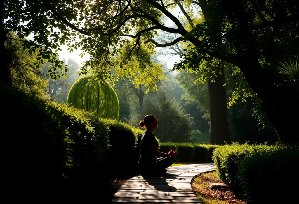 Une silhouette méditant dans un jardin calme entouré de buissons verts et d'arbres ombrageant un chemin de pierre.