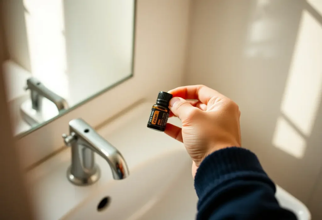 Une main posée sur un petit pot en céramique contenant des huiles essentielles dans une salle de bains. Lumière naturelle.