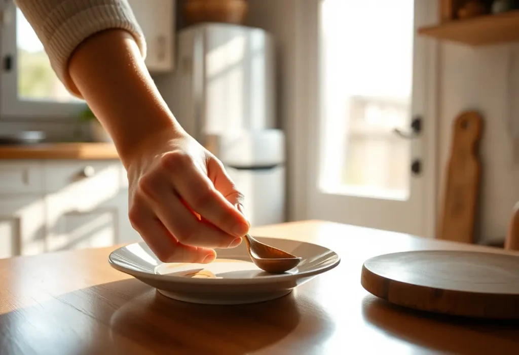 Main du femme posant délicatement une cuillère en bois sur une assiette dans une cuisine baignée de lumière