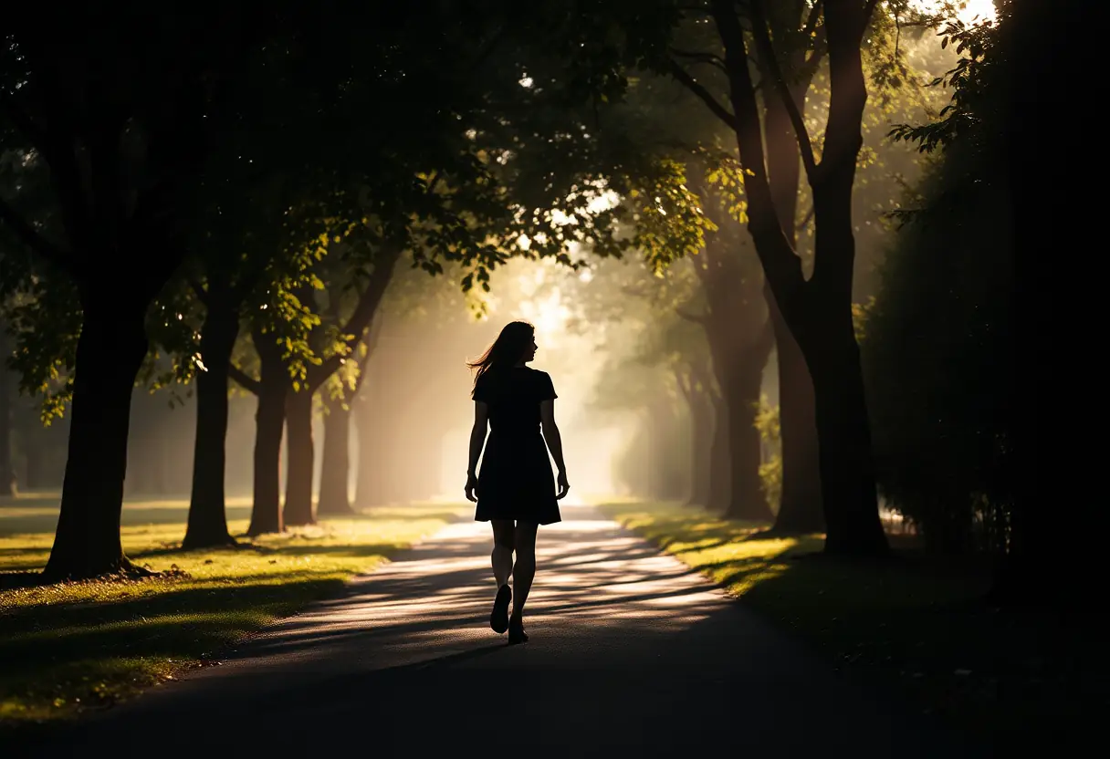 Silhouette de la femme marchant seule sur un chemin ombragé au parc, la lumière du matin filtre entre les feuilles