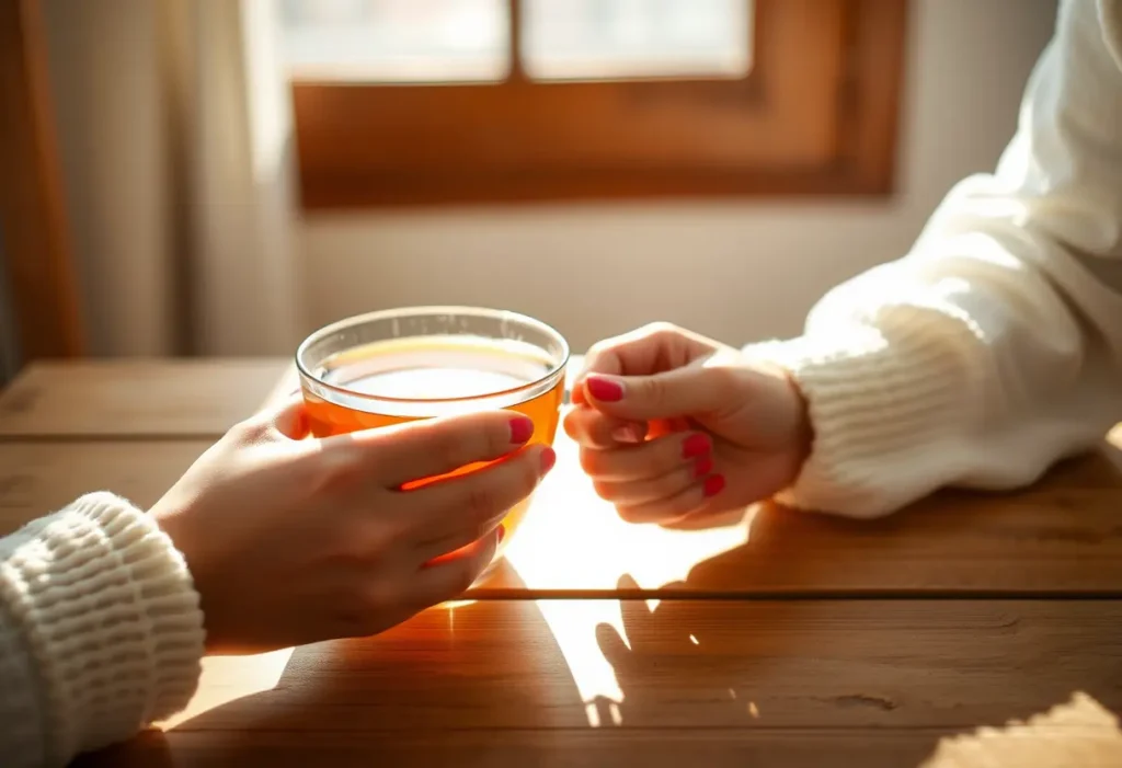 Une main féminine tenant une tasse de thé chaud, dans une ambiance apaisante