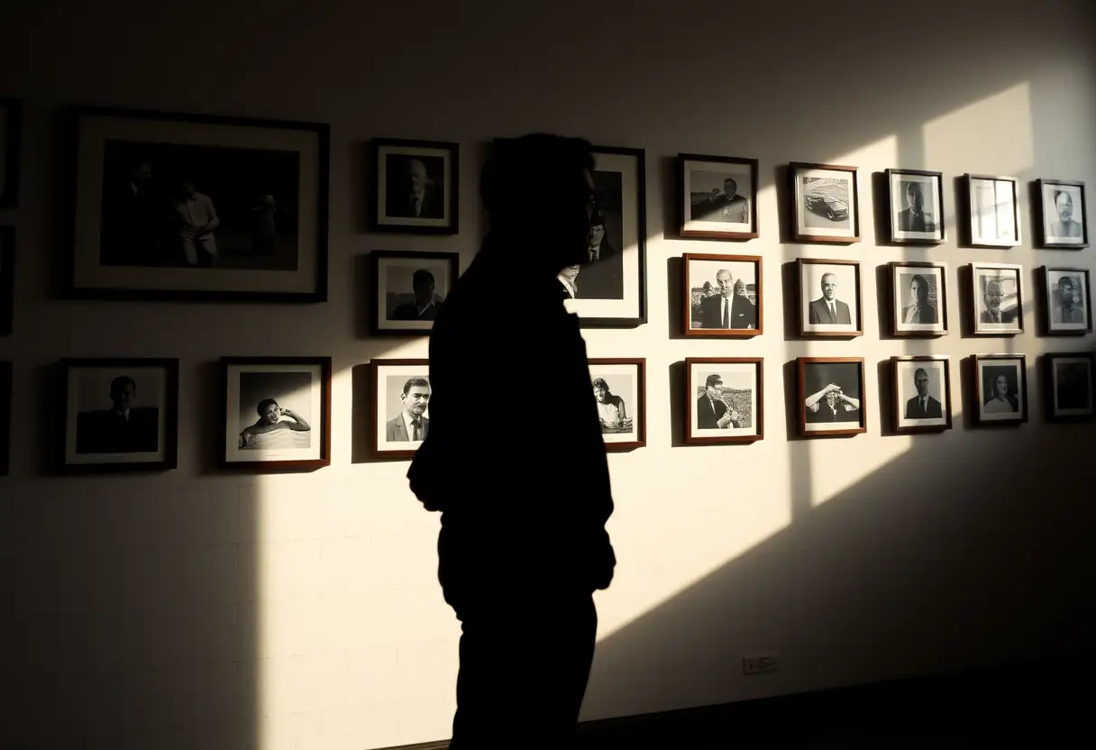 Un profil flou d'une personne devant un mur avec des photos encadrées, éclairé naturellement