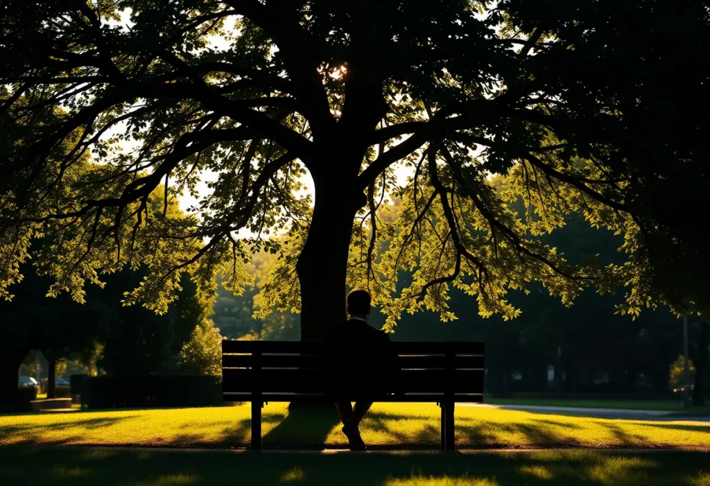 Un silhouetté assis sur un banc de parc sous un grand arbre avec des feuilles qui bruissent