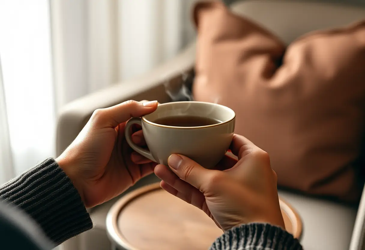 Des mains tenant une tasse en céramique simple avec de la vapeur qui s'échappe doucement