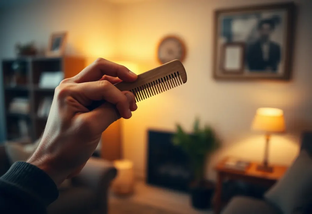 Un homme brossant ses cheveux dans une ambiance chaleureuse