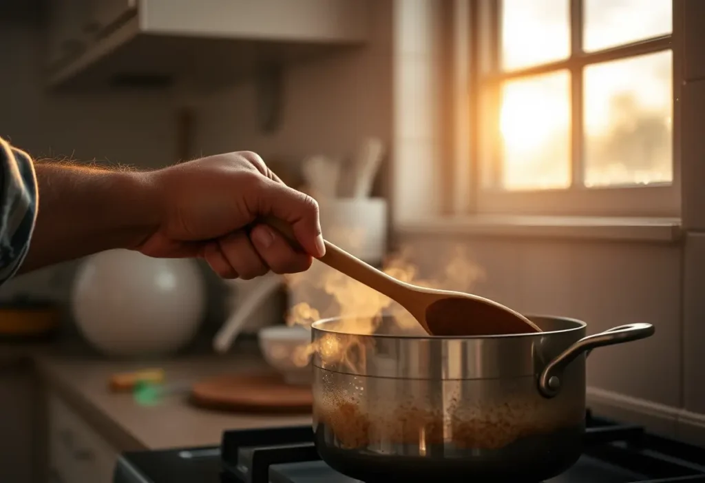 Une main tenant une cuillère en bois au-dessus d'une casserole dans une cuisine, favorisant le bien-être