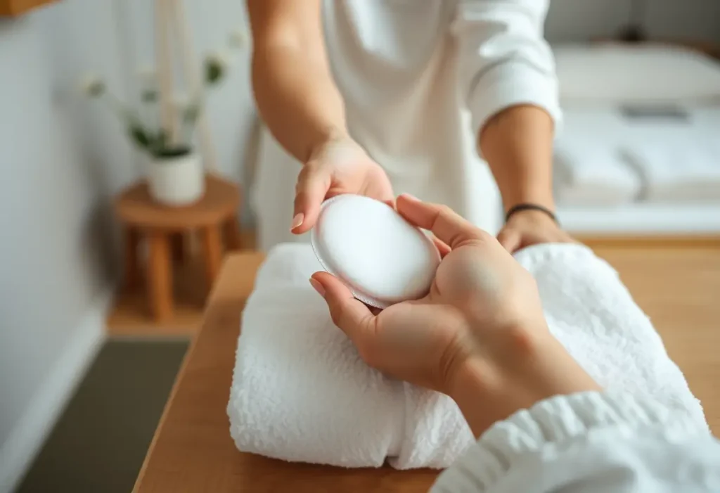 Une main féminine tient doucement un tampon en coton dans une pièce de thérapie