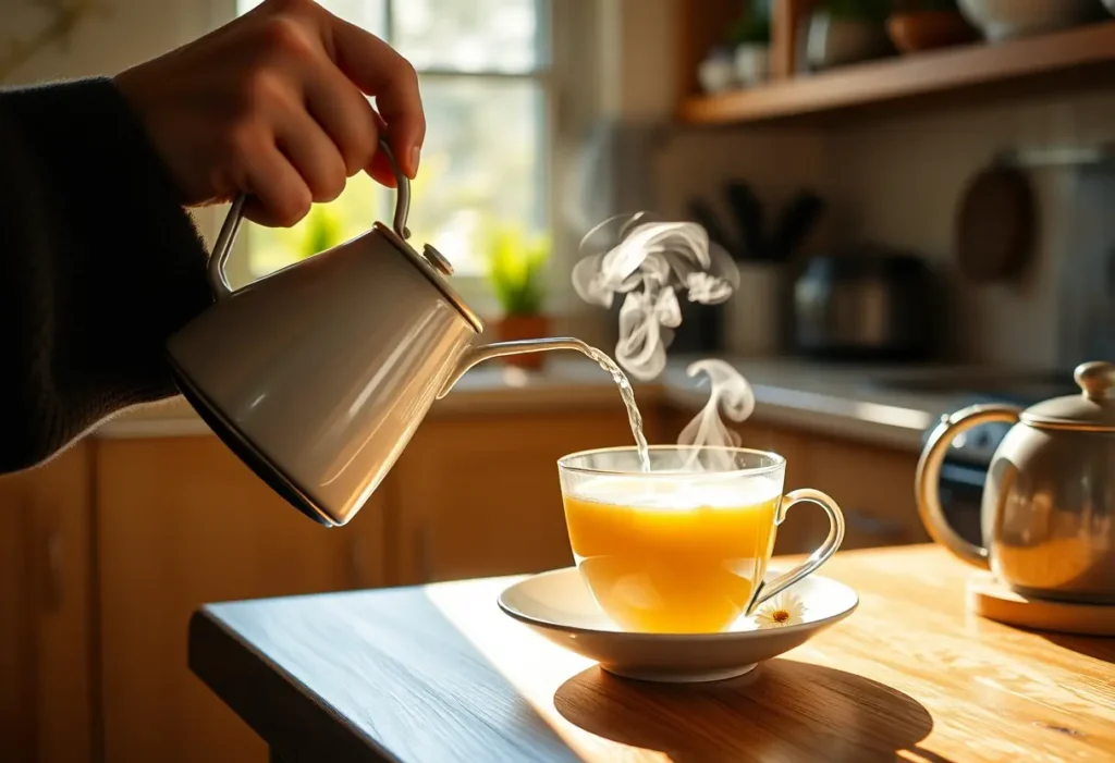 Une main posant une tasse de thé aux fleurs de camomille dans une cuisine chaleureusement éclairée par la lumière du jour
