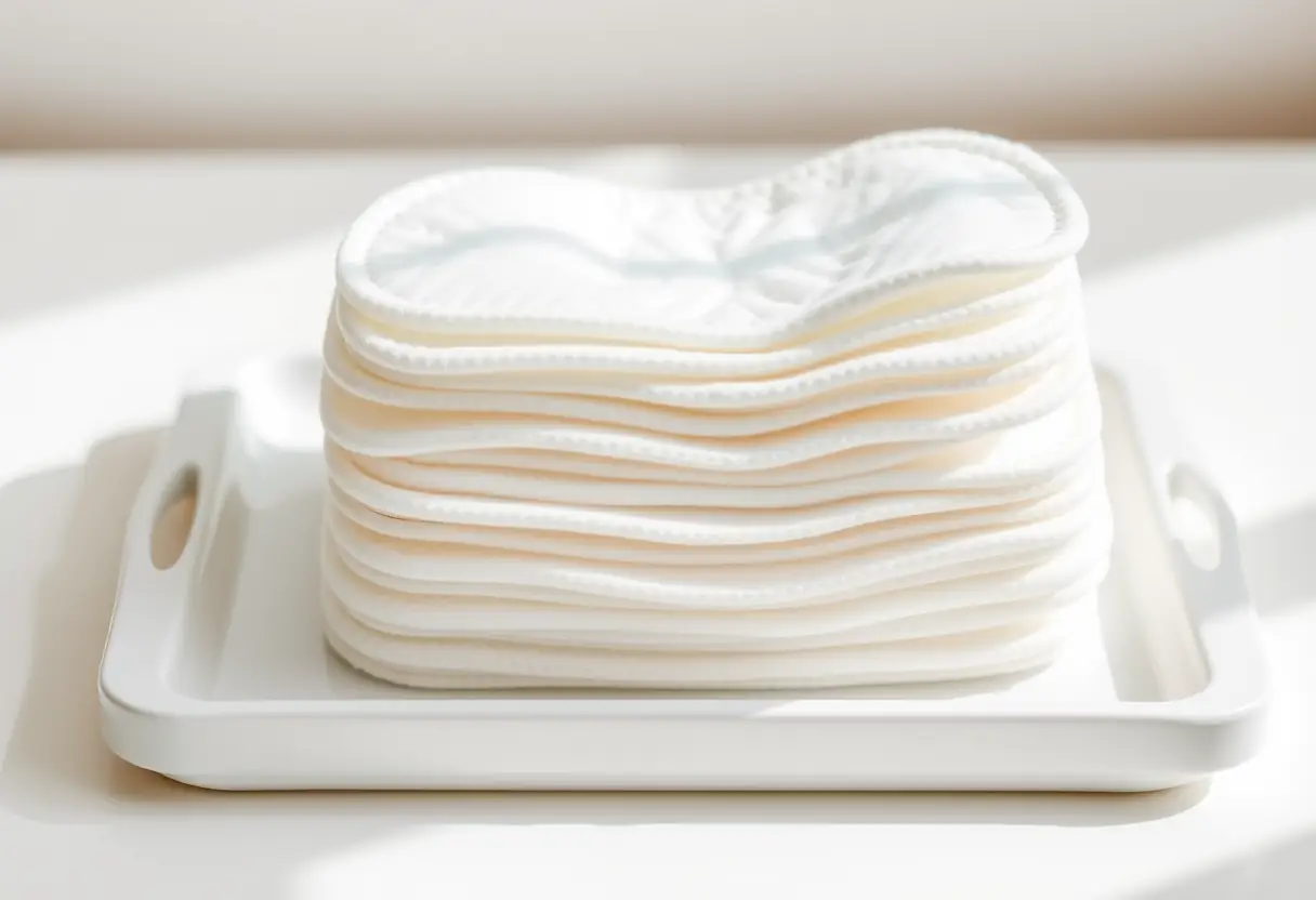 Des cotons en coton doux disposés sur un plateau blanc, symbolisant le soin post-partum.