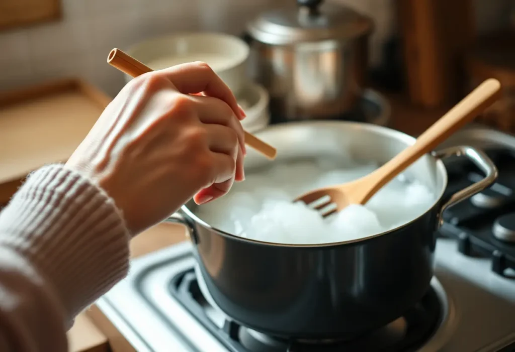 Main: une main posant une cuillère en bois dans une casserole chaude, symbole de soin et de bienveillance