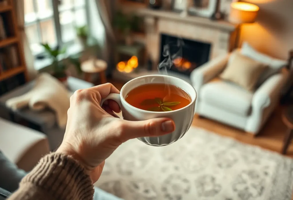 Une main tenant une tasse de thé herbeux dans un salon accueillant, centrée sur le bien-être.