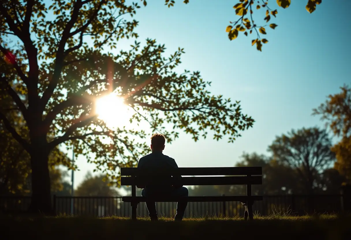 Un profil de silhouetté d'une personne assise sur un banc dans un parc, feuilles qui bruissent en arrière-plan, lumière du milieu de journée