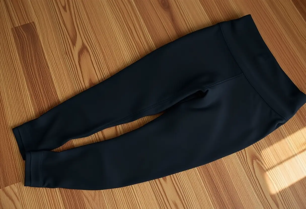 Jambe de pantalon posée sur une table en bois, mettant en valeur sa simplicité et son utilité pour la récupération post-partum