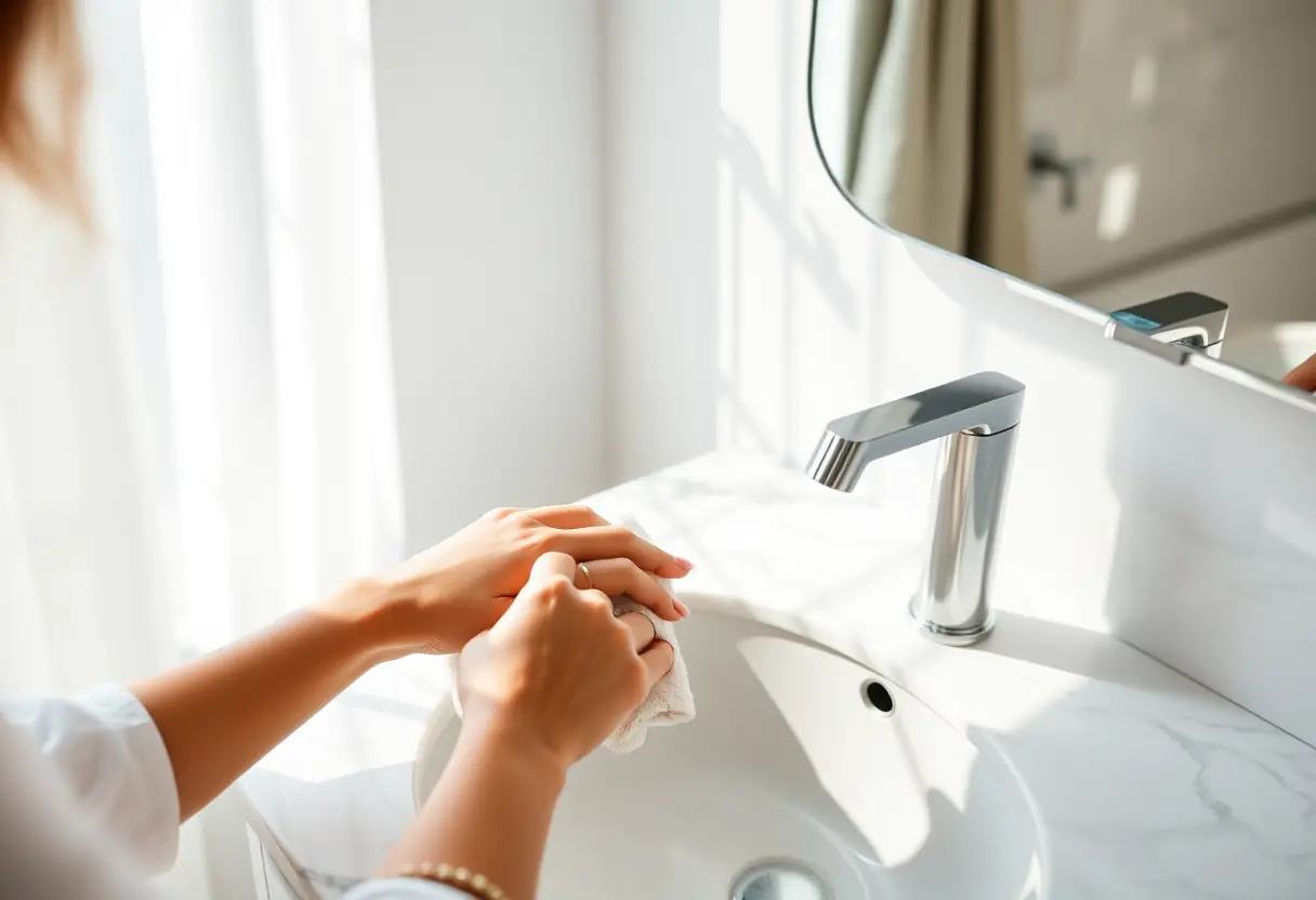 Des mains posent une serviette de toilette sur un lavabo en marbre dans une salle de bains moderne, éclairée par la lumière douce de l'après-midi.