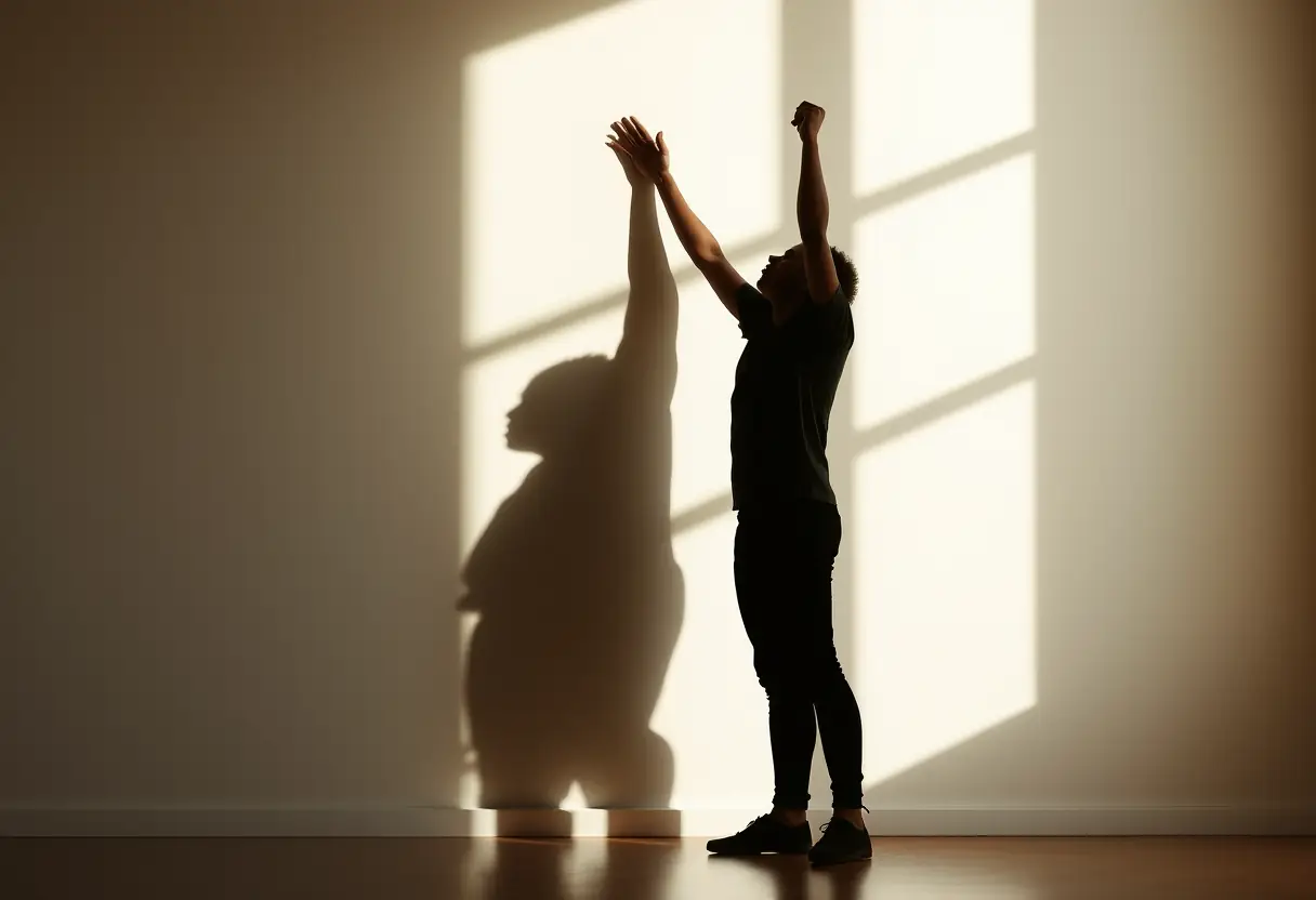 Une silhouette d'une personne s'étirant contre un mur