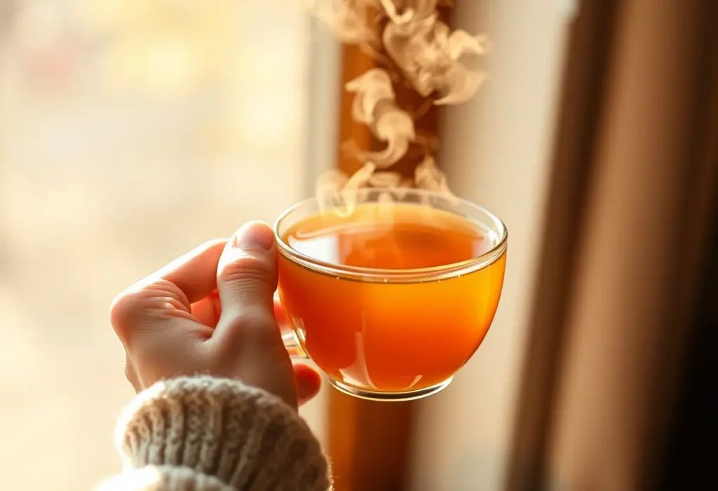 Une main tenant une tasse de thé chaud, avec la vapeur qui monte légèrement, créant une atmosphère de confort et de bien-être