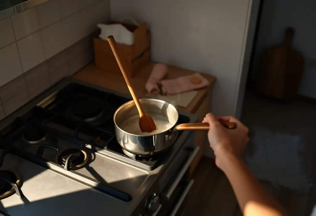 Une main féminine tenant une cuillère en bois au-dessus d'une marmite bouillonnante, dans une cuisine éclairée par la lumière du soir.