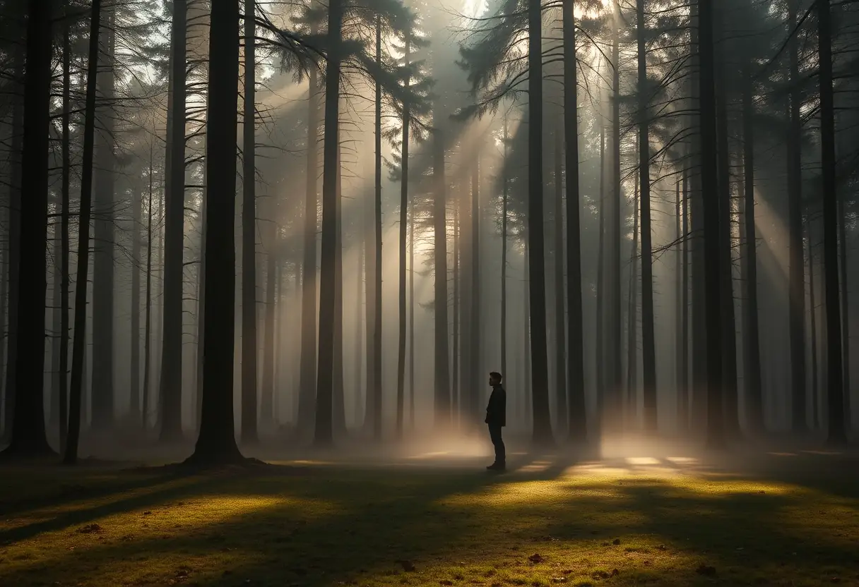 Un profil de silhouette humaine se tenant dans une clairière entourée d'arbres majestueux, la brume du matin flottant juste au-dessus du sol.