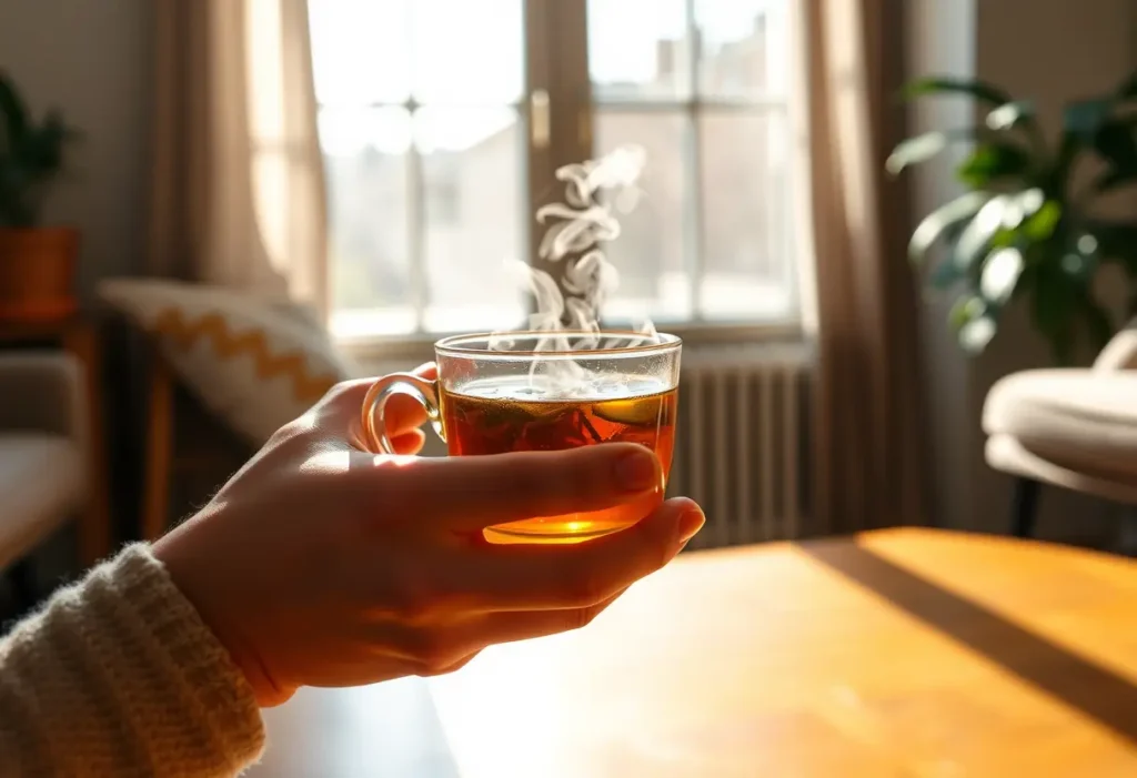 Une main tenant une tasse de thé chaud dans un salon accueillant
