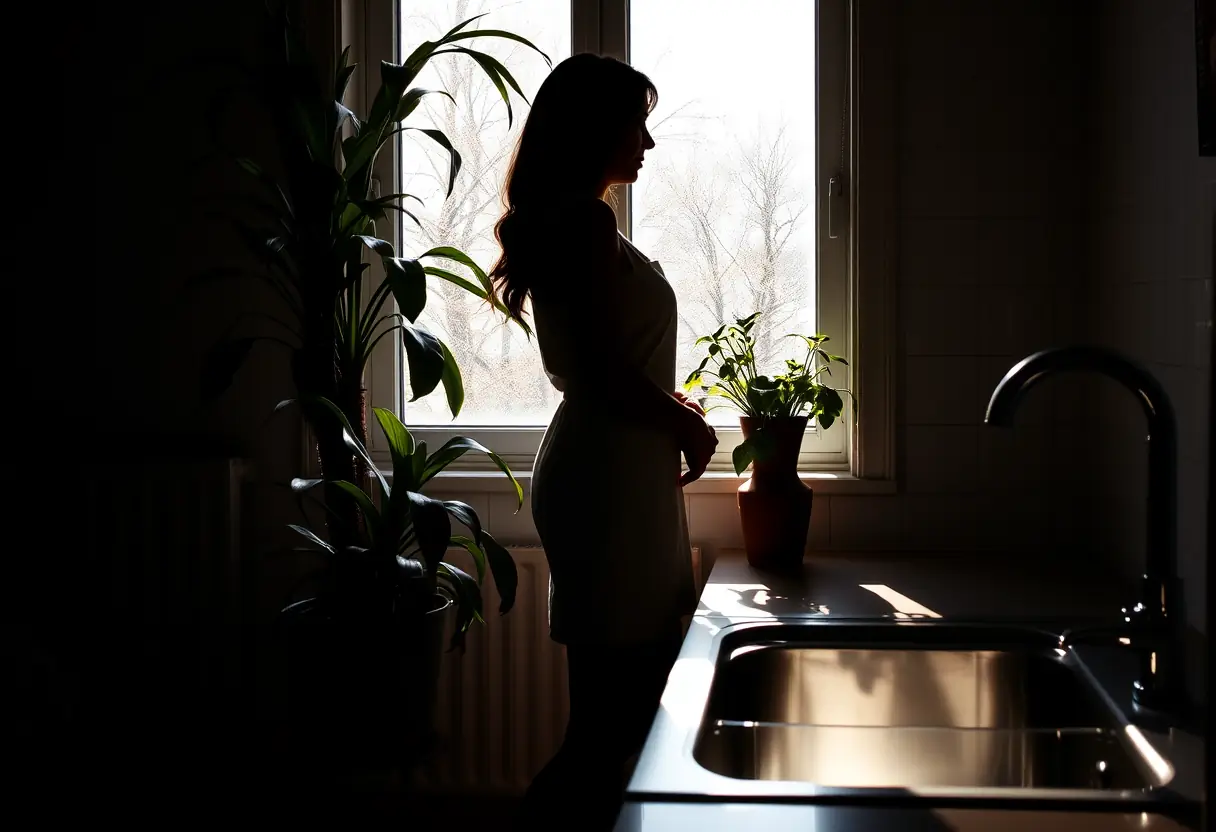 La silhouette d'une femme près d'un grand pot de plante dans une cuisine ensoleillée